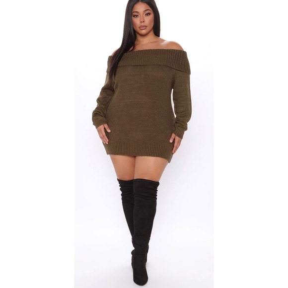 Fashion Nova Sweaters - Fashion Nova Off Shoulder Sweater Dress Olive Green Size XL